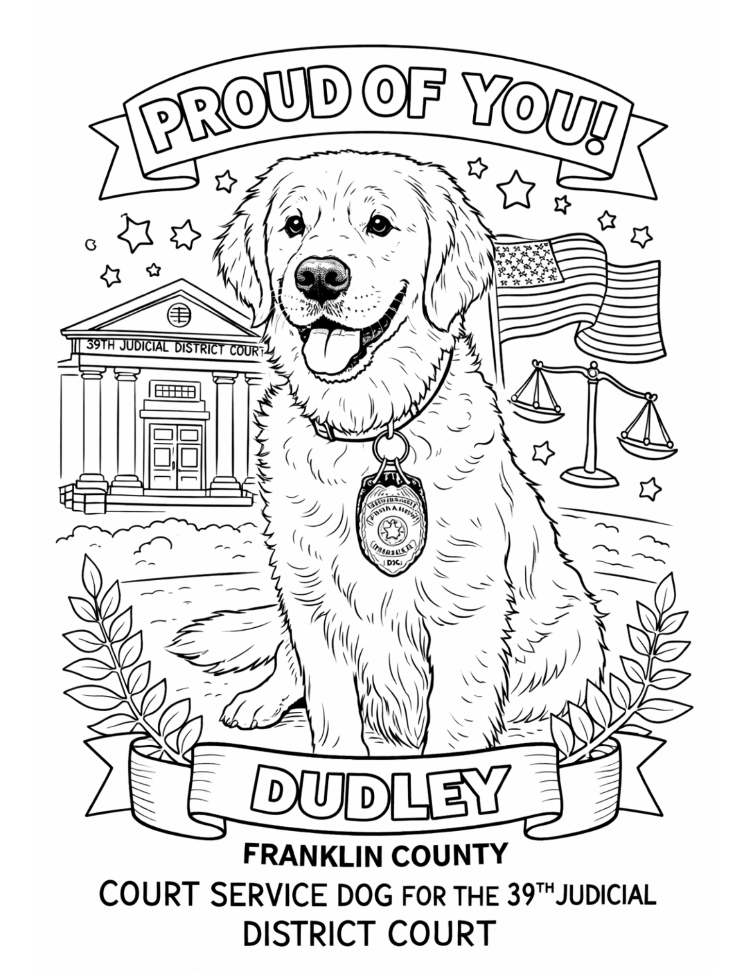 coloring book page of Officer Dudley that says "Proud of You"