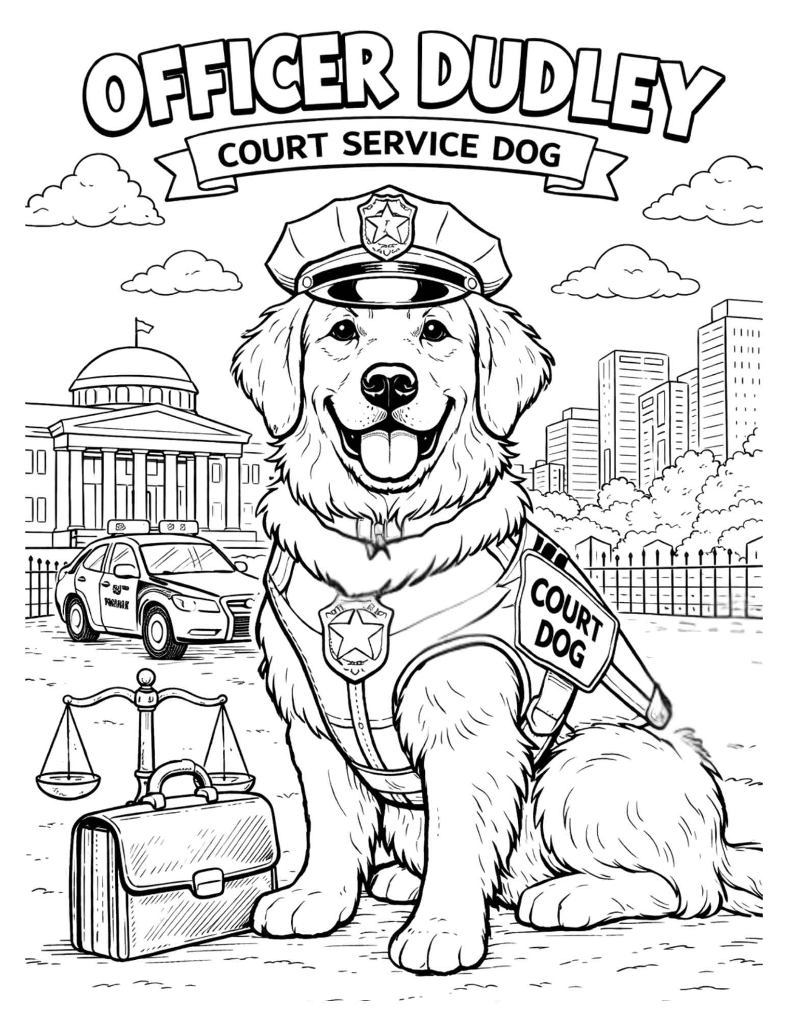 coloring book page of Officer Dudley - Court Service Dog