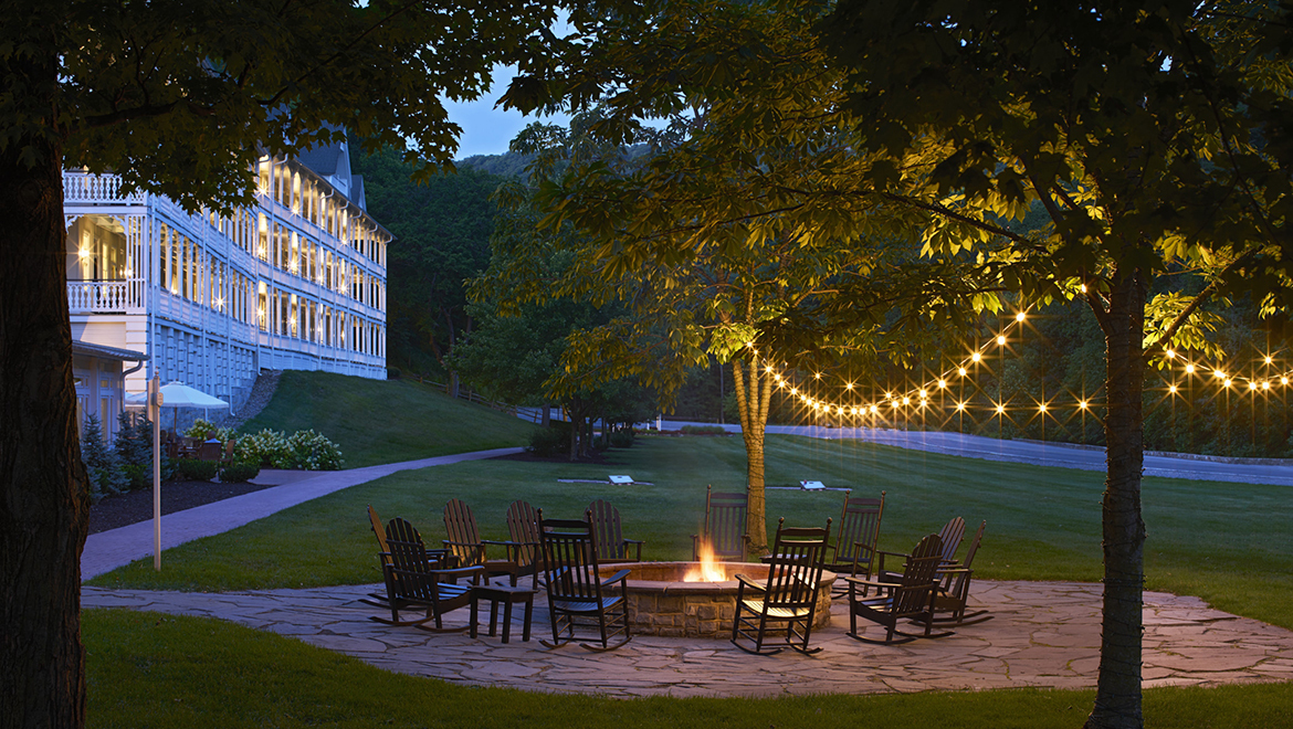 photo of Omni Bedford Springs with firepit in the foreground