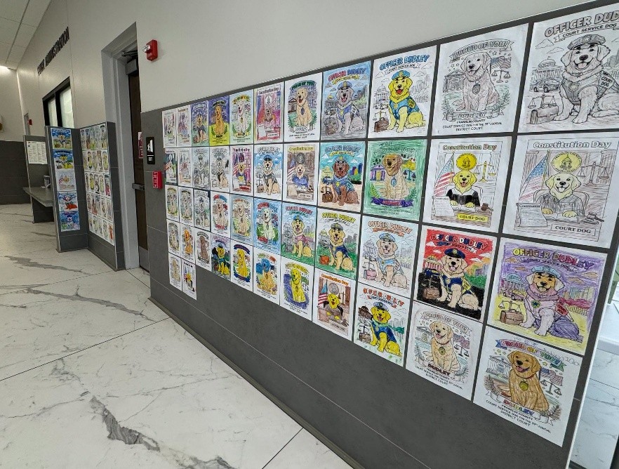 photo of coloring pages hung in the Courthouse
